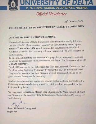 UNIDEL notice of Matriculation ceremony, 2024/2025