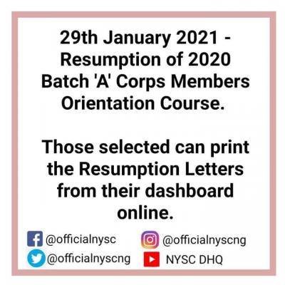 NYSC announces resumption date for the 2020 Batch A' orientation course