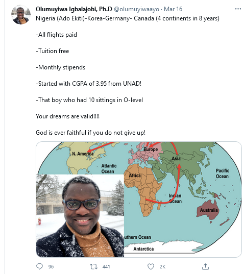 A Nigerian man who wrote WAEC 10 times celebrates himself after traveling to 3 continents on scholarship