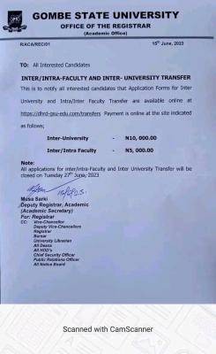 GOMSU notice on sales of Inter/Intra faculty & Inter university transfer form