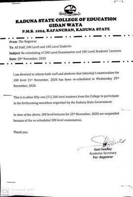 Kaduna State College of Education reschedules exam for 200 level students