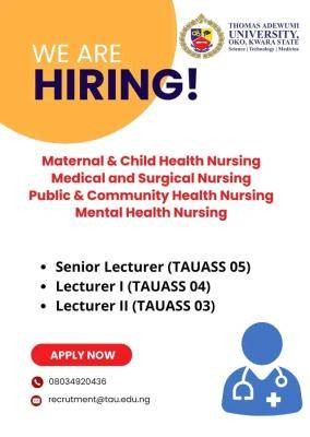 Thomas Adewumi University academic staff vacancies in the Faculty of Nursing