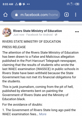 Rivers State debunks rumour surrounding withheld WAEC results in the state