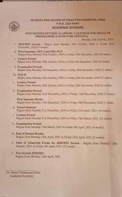 Sa'adatu Rimi College of Education Kano revised academic calendar for 2019/2020 session