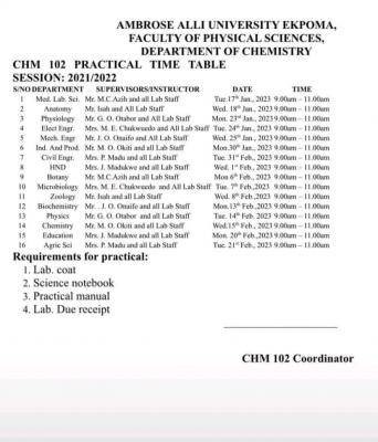 AAU Chemistry 101 practical timetable, 2021/2022