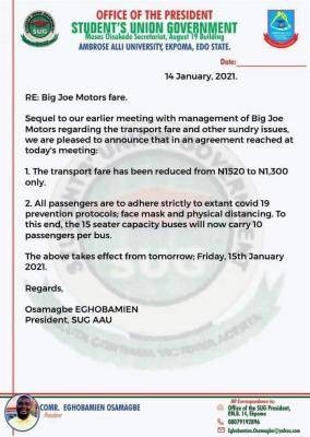 AAU SUG notice to students on transport fares