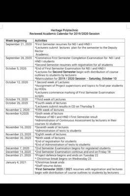 Heritage Polytechnic revised academic calendar for 2020/2021 session