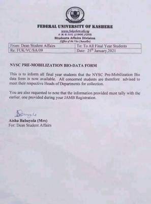 FUKashere notice to final year students on NYSC Pre-mobilization Bio-data form