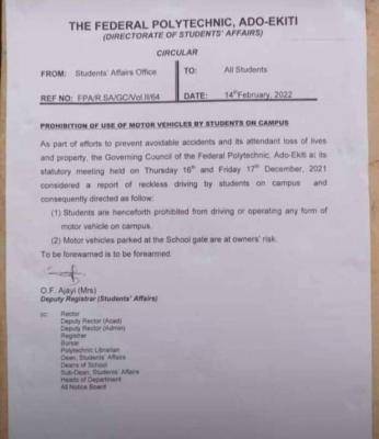 Fed Poly Ado-Ekiti prohibits the use of vehicles by students on Campus