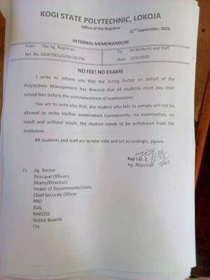 Kogi State Polytechnic notice to students on "No Fees, No Exam" policy