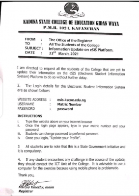 Kaduna State COE notice to students yet to update their information on eSIS