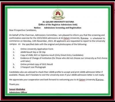 Al-Qalam University, Katsina notice on physical screening & registration for 2023/2024 admission