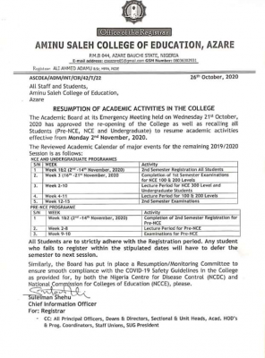 Aminu Saleh COE announces resumption of academic activities