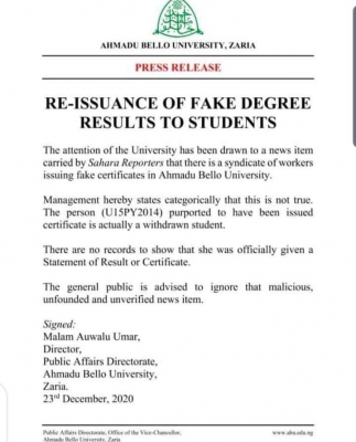 Ahmadu Bello University Zaria disclaims alleged issuance of fake results