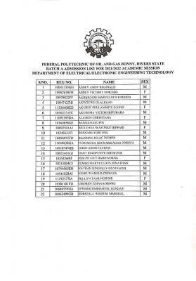 Federal Polytechnic of Oil and Gas, Bonny Batch A ND admission list, 2021/2022