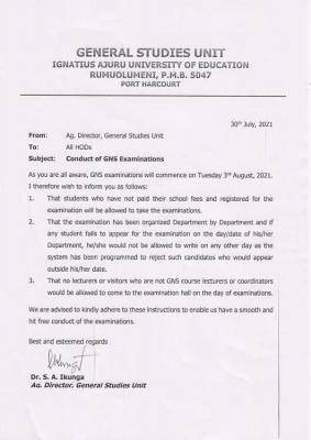 IAUE notice on the conduct of GNS exam