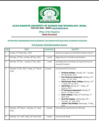 ADUSTECH academic calendar, 2023/2024 academic session