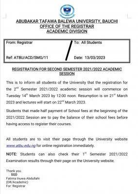 ATBU notice on registration for second semester, 2021/2022