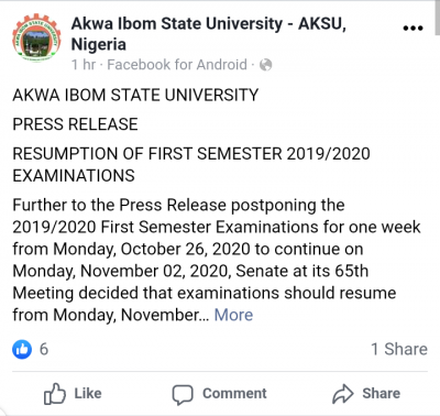 AKSU resumes 1st semester exam for 2020/2021 session