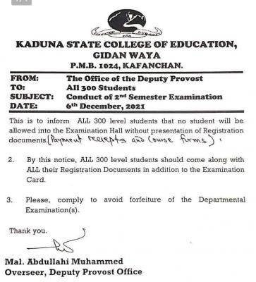 Kaduna COE Notice to 300L Students on conduct of 2nd semester examinations