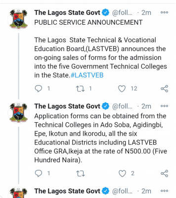 LASTVEB announces admission into Government Technical Colleges in the state