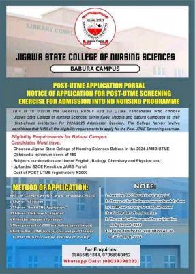 Jigawa College of Nursing Sciences, Birnin Kudu Post UTME form, 2024/2025