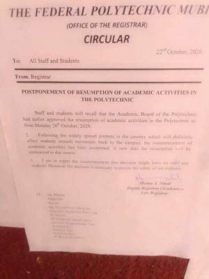 Federal Polytechnic Mubi postpones resumption of academic activities