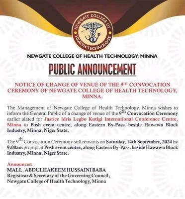 Newgate College of Health Technology notice of change of venue for the 9th Convocation Ceremony