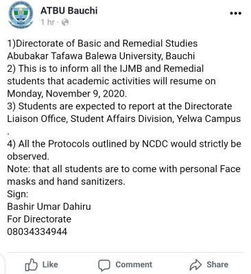 ATBU notice to IJMB students on resumption