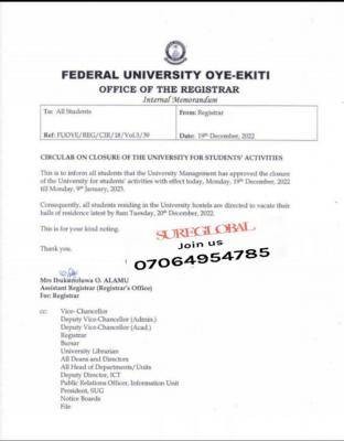 FUOYE circular on closure of the University for students activities