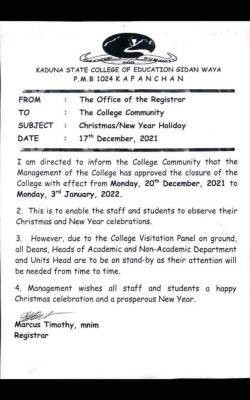 Kaduna State COE Christmas/New Year Holiday