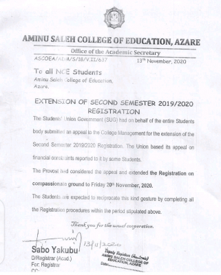 Aminu Saleh COE notice on extension of 2nd semester registration for 2019/2020 session