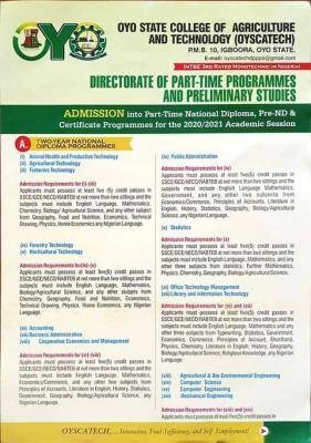 OYSCATECH Part time ND, pre-ND and certificate programmes 2020/2021 Admission