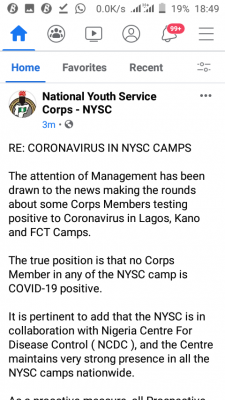 NYSC debunks news of Coronavirus in NYSC camps