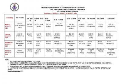 Federal University of Health Allied Sciences, Enugu 100L first semester exam timetable, 2023/2024