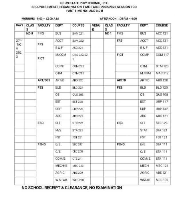 Osun State Poly DPT 2nd semester examination timetable, 2022/2023 session