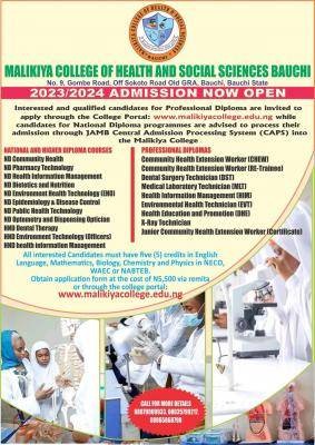 Malikiya College of Health and Social Sciences admission form, 2023/2024