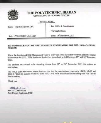 The Poly Ibadan commencement of 1st semester exam, 2023/2024