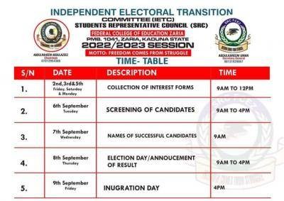 FCE Zaria SRC Elections timetable, 2022/2023