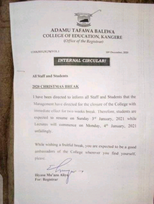 Adamu Tafawa Balewa COE, Kangere notice on Christmas Break