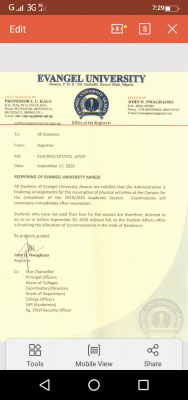 Evangel University Akaeze notice to students on resumption