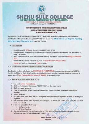 Shehu Sule College of Nursing & Midwifery Post-UTME 2022: cut-off mark, eligibility & registration details