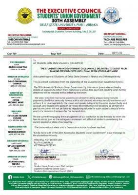 DELSU SUG calls on students to desist from payment of fees until final resolution