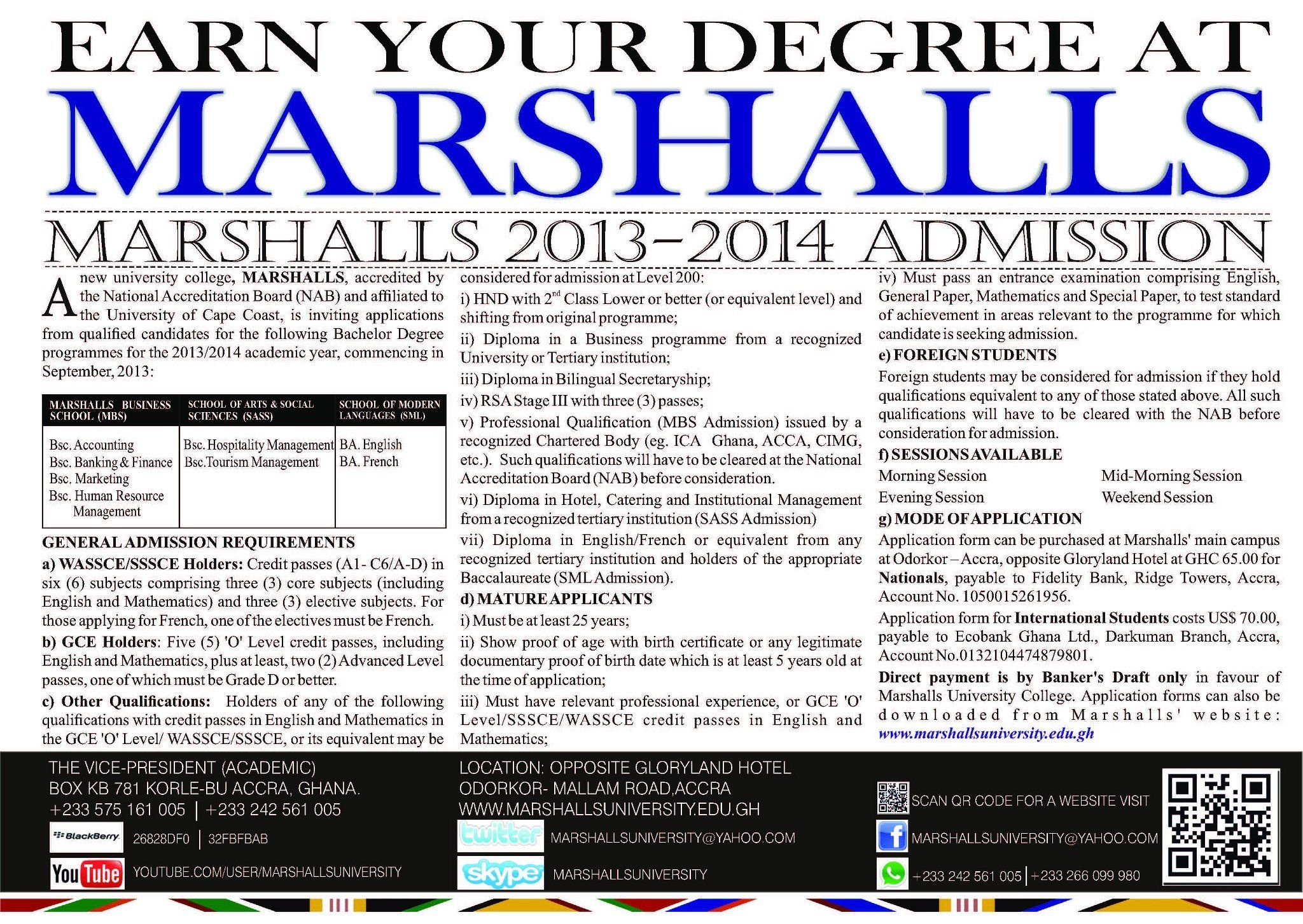 Marshalls University College, Ghana 2013/2014 Admission