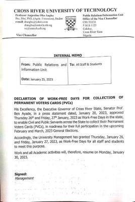 CRUTECH declares 26th & 27th January as work free days