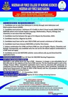 Nigerian Air Force College of Nursing Sciences ND/HND admission, 2023/2024