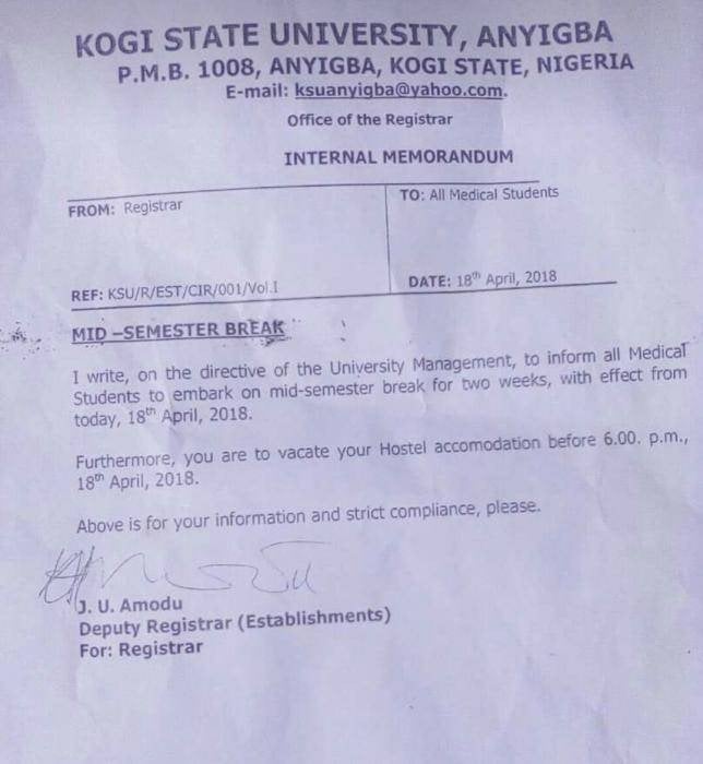 Kogi State University medical students mid semester break