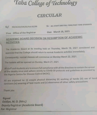 YABATECH notice on resumption of academic activities