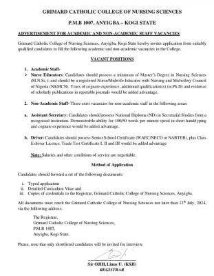 Grimard Catholic Nursing Sciences advertisement for academic & non-academic staff vacancies