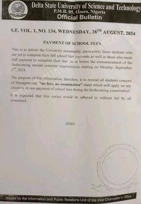 DSUST notice on payment of school fees